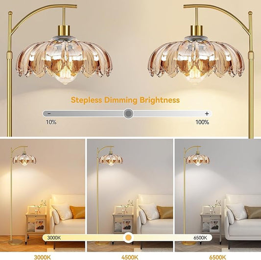 AHDWDW Gold Arc Floor Lamp for Living Room with Remote,Dimmable Modern Floor Lamps with Amber Glass Shade,Unique Vintage Flower Standing Tall Lamp,Mid Century Floor Lamps for Bedroom Office Corner