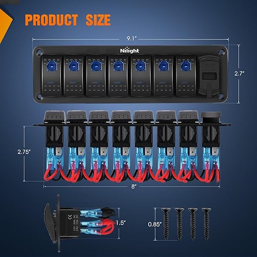 Nilight 7 Gang Rocker Switch Panel with PD Type C and USB Charger Voltmeter 12V SPST ON Off Toggle Switches with Blue Backlit Waterproof Aluminum for Boats Cars RVs Trucks