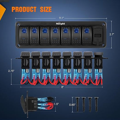 Nilight 7 Gang Rocker Switch Panel with PD Type C and USB Charger Voltmeter 12V SPST ON Off Toggle Switches with Blue Backlit Waterproof Aluminum for Boats Cars RVs Trucks