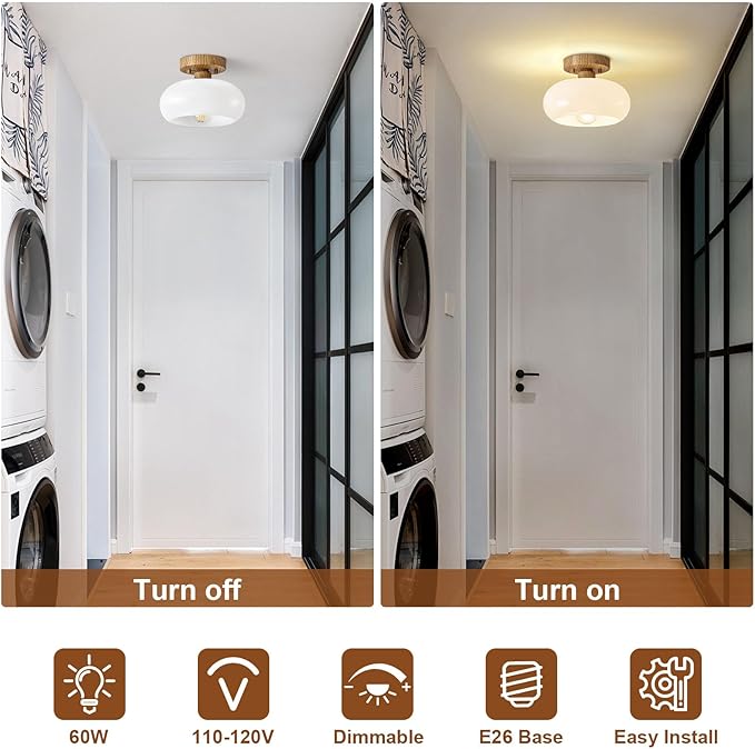 WOKNOS Mid-Century Modern Semi Flush Mount Ceiling Light, Faux Wood Kitchen Ceiling Light Fixture with Glass Shade, Vintage White Close to Ceiling Lamp for Entryway Hallway Bathroom (8.66 Inch)