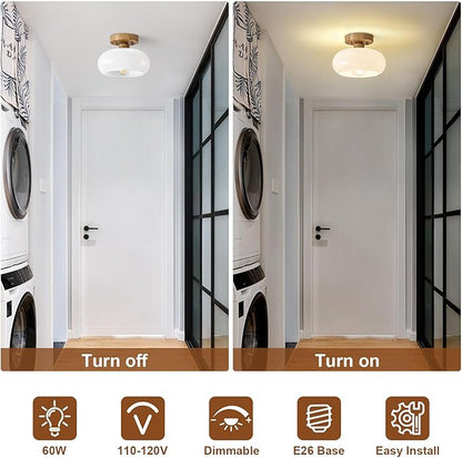 WOKNOS Mid-Century Modern Semi Flush Mount Ceiling Light, Faux Wood Kitchen Ceiling Light Fixture with Glass Shade, Vintage White Close to Ceiling Lamp for Entryway Hallway Bathroom (8.66 Inch)