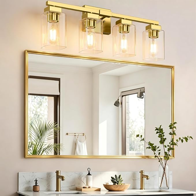 BesLowe 27" 4-Light Bathroom Light Fixture, Modern Gold Bathroom Vanity Light, Bathroom Lighting Fixtures Over Mirror, Matte Gold Bathrom Wall Lamp, Wall Lights for Living Room Bedroom