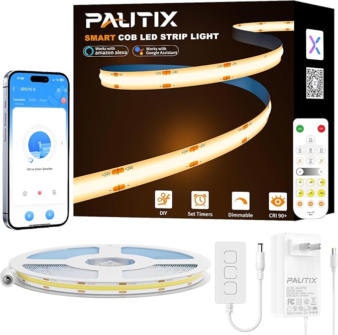 PAUTIX Smart COB LED Strip Light 32.8ft/10m,Warm White 2700K LED Strip,Compatible with Alexa/Google Assistant,Dimmable 24V LED COB Light Strip Kit for Kitchen,Bedroom,Cabinet,Living Room,Office