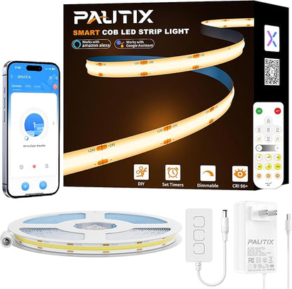 PAUTIX Smart COB LED Strip Light 32.8ft/10m,Warm White 2700K LED Strip,Compatible with Alexa/Google Assistant,Dimmable 24V LED COB Light Strip Kit for Kitchen,Bedroom,Cabinet,Living Room,Office