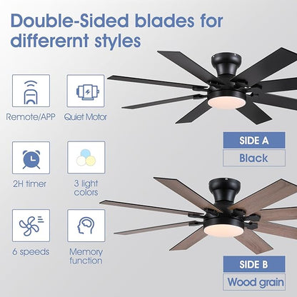 52" Low Profile Ceiling Fans with Lights and Remote, Modern Outdoor Ceiling Fans with 3 Colors 6 Speeds, Flush Mount Ceiling Fan Light with Reversible DC Motor
