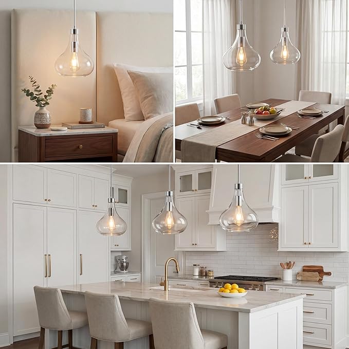 Modern Glass Pendant Light 9.44 in Clear Glass Shade Chrome Farmhouse Island Pendant Lights for Kitchen Pendant Lighting Over Sink Bedroom Dining Room