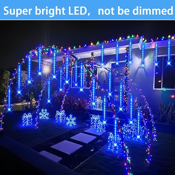 Purtuemy Blue Christmas Icicle Lights Outdoor: 40 Tube(Equivalent to 5 Sets of 8-Tubes) Meteor Shower Rain Lights - Waterproof Christmas Halloween Decorations for Yard Outside Tree Roof, UL Plug