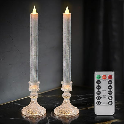 LED Flameless Taper Candles with Remote Control,Set of 2, Silver Glitter Finish, Crystal Glass Candlestick Holders, Timer Function (White LED)