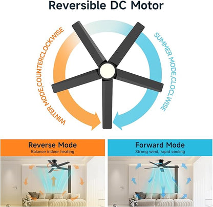 ocioc 44 Inch Ceiling Fans with Lights, Large Air Volume Ceiling Fan with Nightlight, Ultra Quiet Reversible DC Motor with Remote（Black）