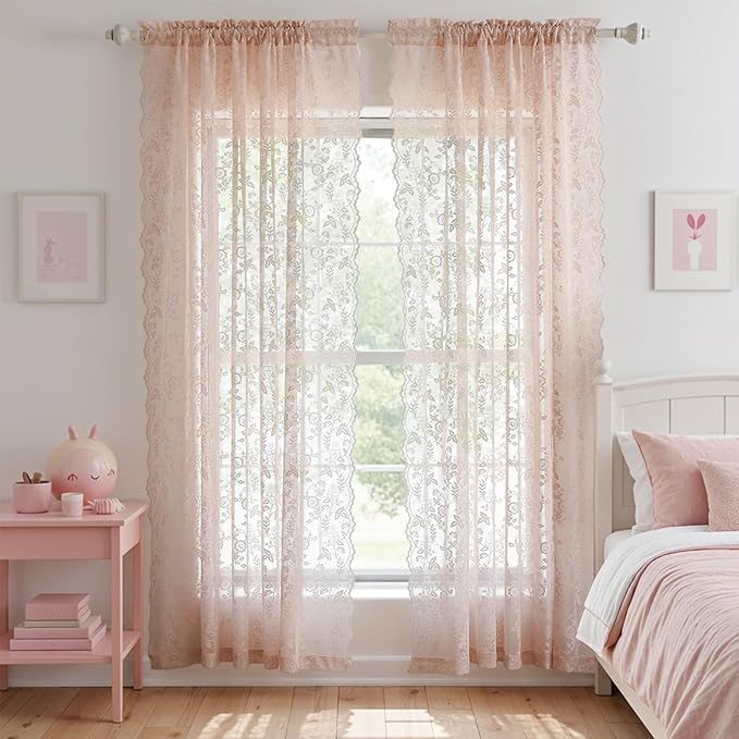 FINECITY Sheer Lace Curtains 72 Inch Length - Country Branch Floral Embroidered Lace Sheer Curtains 2 Panels Set, Privacy Sheer Vintage Scalloped Lace Window Curtains, 52 x 72 Inch, Blush Pink