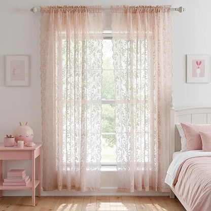 FINECITY Sheer Lace Curtains 72 Inch Length - Country Branch Floral Embroidered Lace Sheer Curtains 2 Panels Set, Privacy Sheer Vintage Scalloped Lace Window Curtains, 52 x 72 Inch, Blush Pink