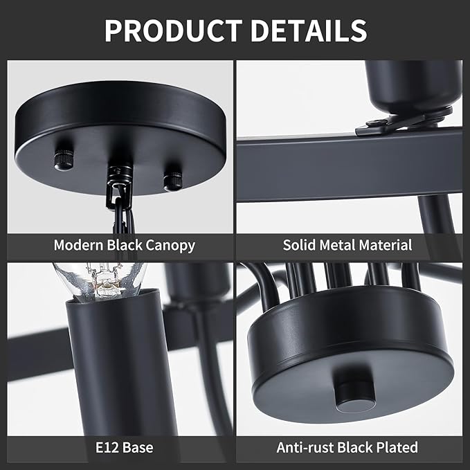 Industrial 30" Black Chandelier Vintage 9-Lights Farmhouse Candle Style Black Chandeliers Light Fixture Retro Modern Black Chandelier for Dining Room, Kitchen Island, Living Room, Bedroom, E12