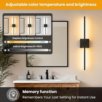 ZZXX 28 Inch Hardwire Wall Sconce Set of 2, 2700K-6500K Wall Lights with Remote Control, 350° Rotate LED Bathroom Wall Lamp Dimmable for Living Room Bedroom Bedside Light Fixtures