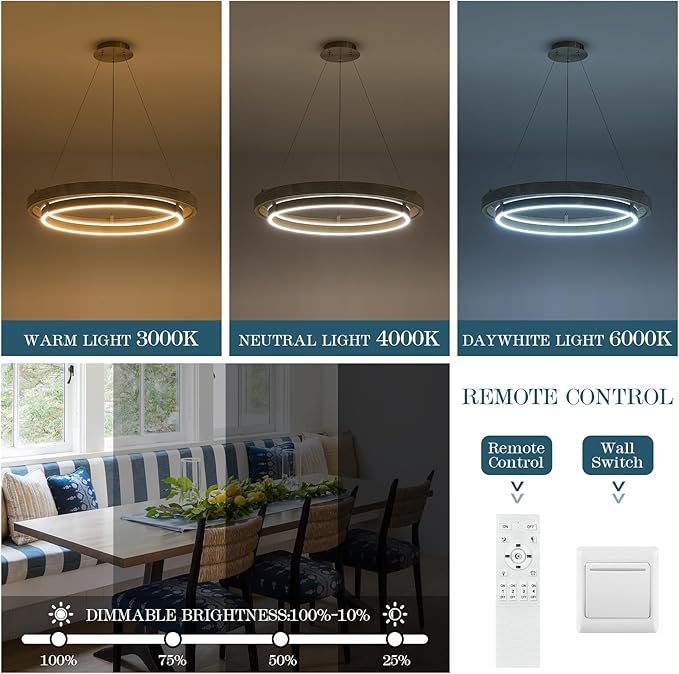 LED 2 Ring Chandelier Dimmable Up Down Light Nickel Chandelier Round Foyer Chandeliers Light Weathered Wood Circular Chandeliers for Dining Room Entry Bedroom Office Living Room