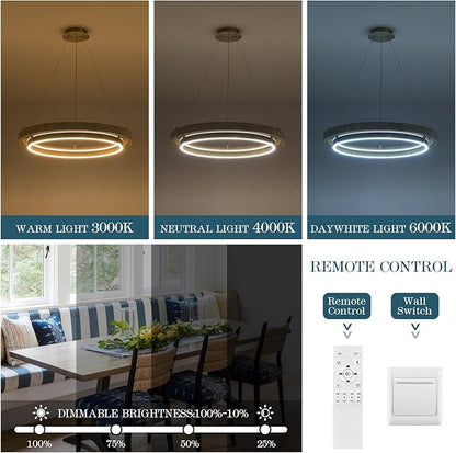 LED 2 Ring Chandelier Dimmable Up Down Light Nickel Chandelier Round Foyer Chandeliers Light Weathered Wood Circular Chandeliers for Dining Room Entry Bedroom Office Living Room