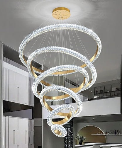 47" 6 Ring Crystal Chandelier Modern LED Dimmable Ring Pendant Light Chandelier for Dining Room Living Room Gold