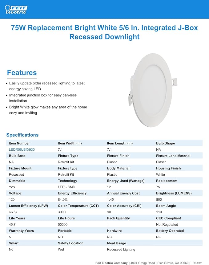Feit Electric 5-6" LED Canless Recessed Downlight with Integrated J-Box, 75W Equivalent, Dimmable, 3000K Bright White, 800 Lumens, Easy No-Can Installation for Home & Commercial, LEDR56JBX/930, 1 Pack