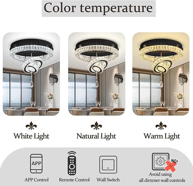 Flashing God Dia 20" Modern Crystal Chandelier for Dining Room Black Ceiling Chandelier Flush Mount Ceiling Light for Living Room Bedroom Hallway