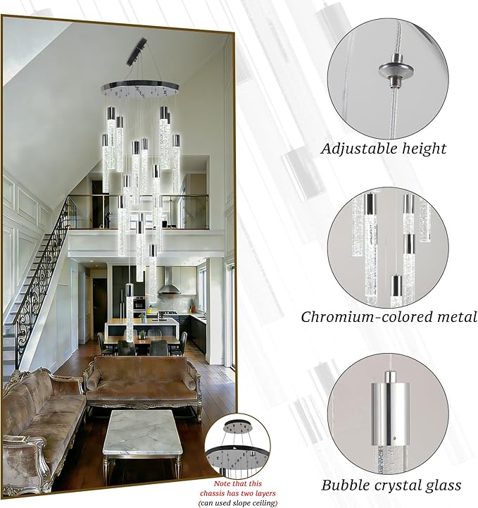 16-Light Chrome Bubble Crystal Chandelier Cool White Spiral Staircase Pendant for High Ceilings Sloped Ceiling Compatible Canopy Adjustable Hanging Height Grand Foyer Entryway