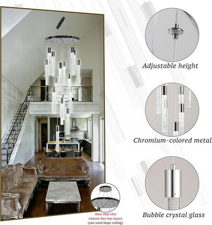 16-Light Chrome Bubble Crystal Chandelier Cool White Spiral Staircase Pendant for High Ceilings Sloped Ceiling Compatible Canopy Adjustable Hanging Height Grand Foyer Entryway