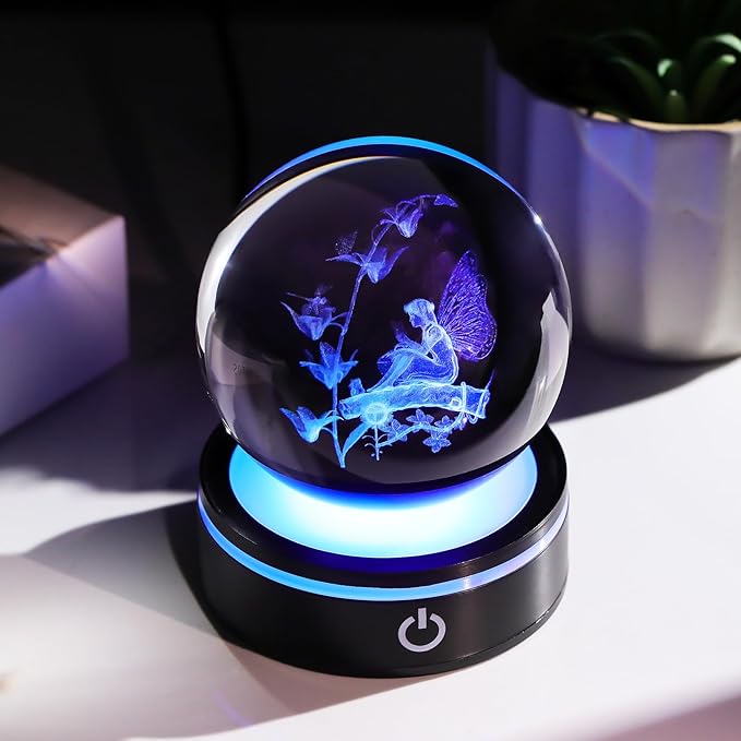 YWHL 3D Butterfly Fairy Figurine Crystal Ball with Colorful Light Base, Fairy Gifts for Women Girls on Christmas Birthday, Laser Engraved Elf Full Sphere Glass Decorative Ball for Home Office (80mm)
