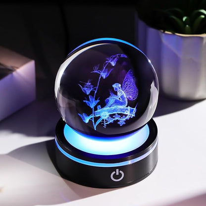 YWHL 3D Butterfly Fairy Figurine Crystal Ball with Colorful Light Base, Fairy Gifts for Women Girls on Christmas Birthday, Laser Engraved Elf Full Sphere Glass Decorative Ball for Home Office (80mm)