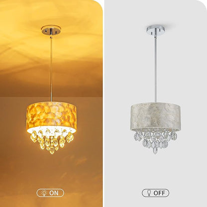 3-Light Drum Capiz Shell K9 Crystal Chandelier, Coastal Style Pendant Light Fixture for Dining Room, Living Room, D12 * H19~49 inch (Adjustable), Clear Crystal & Chrome Finish Frame