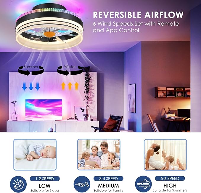 Mpayel RGB Ceiling Fans with Lights, 13" Low Profile Ceiling Fan with Light and Remote, 3000-6000K Dimmable Modern Black Flush Mount LED Fan Light for Bedroom, Living Room, Kitchen