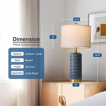 PoKat Touch Bedside Table Lamps with USB Ports for Bedroom, 25'' Dimmable Nightstand Touch Lamps for Living Room, Blue Ceramic Lamps with Gold Base for Night Stands Bedroom, Nursery, Dark Blue