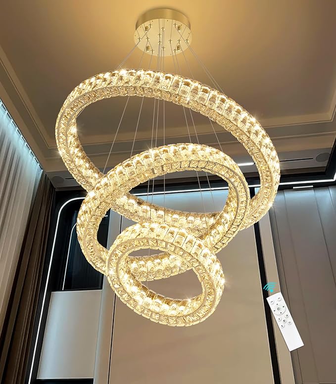 Rings LED Chandelier Modern Crystal Chandeliers Dimmable Pendant Light Fixture with Remote for Dining Room Living Room Gold