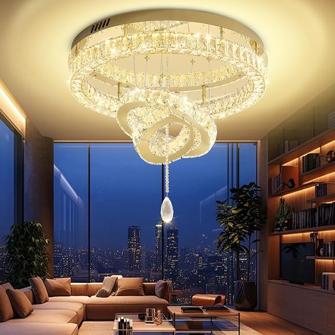 Flashing God Dia 32'' Modern Chandeliers for Living Room Crystal Flush Mount Ceiling Chandelier Large Chandeliers for Dining Room Bedroom LED Dimmable 3000-6000K Gold