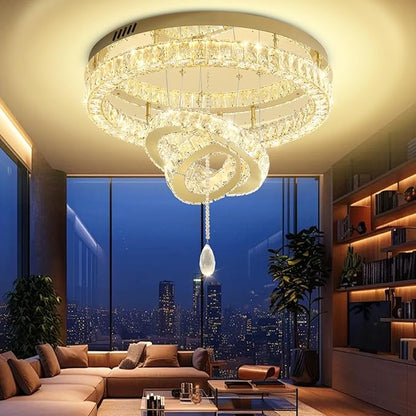 Flashing God Dia 32'' Modern Chandeliers for Living Room Crystal Flush Mount Ceiling Chandelier Large Chandeliers for Dining Room Bedroom LED Dimmable 3000-6000K Gold