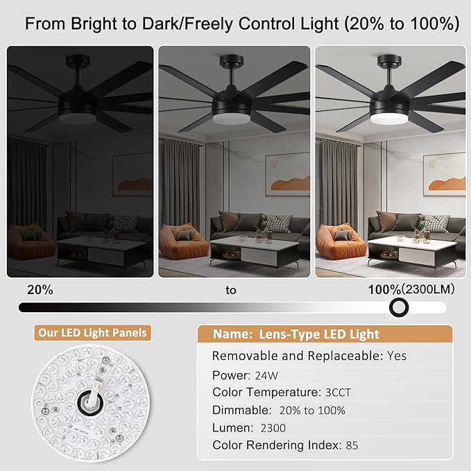 YUHAO 72 Inch Black Ceiling Fan with Light and Remote Control.Noiseless,Dimmable,3CCT,6 Speeds Reversible, DC Ceiling Fans for Indoor or Covered Outdoor Use.ETL Listed