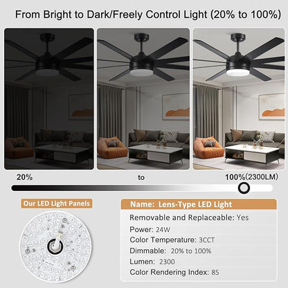 YUHAO 72 Inch Black Ceiling Fan with Light and Remote Control.Noiseless,Dimmable,3CCT,6 Speeds Reversible, DC Ceiling Fans for Indoor or Covered Outdoor Use.ETL Listed