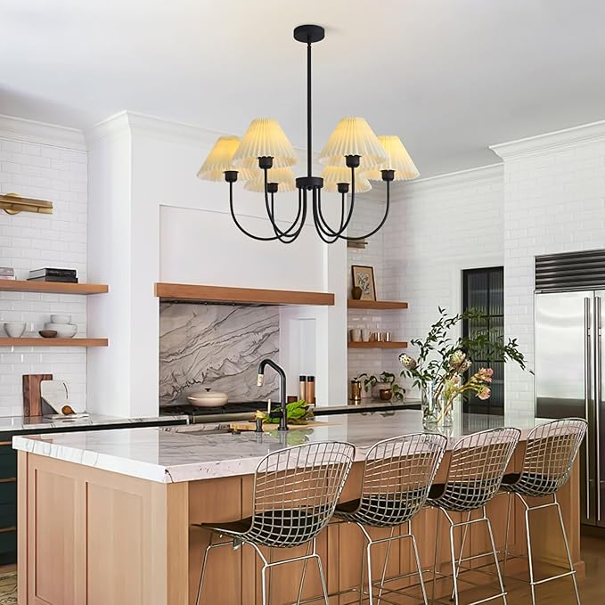 KCO Lighting Modern Farmhouse Chandelier Black Sputnik Chandelier Light Fixture White Fabric Chandelier Ceiling Light Vintage Pleated Chandelier Traditional Chandeliers for Dining Room