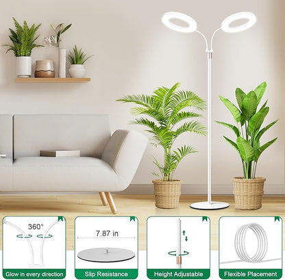 LBW Dual Head Grow Light with Stand for Indoor Plants, Full Spectrum Grow Light for Multiple Tall Plants, Adjustable Height up to 68", Auto Cycle Timer 6/8/12/16H, 5-Level Dimmable, 3 Lighting Modes