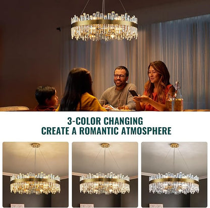 Siljoy 16-Light Modern Crystal Chandelier, Luxury Brushed Gold 2-Tiers K9 Crystal Raindrop Chandeleir, Adjustable Dimmable Crystal Ceiling Light for Dining Living Room Bedroom Entryway D31.5''