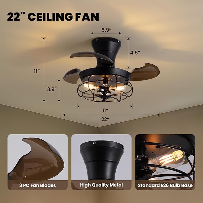 22" Retractable Ceiling Fans with Lights, Black Caged Fandelier Ceiling Fans with Remote, 6 Wind Speeds,Invisible Blades, Industrial Flush Mount Small Ceiling Fan for Bedroom Living Room