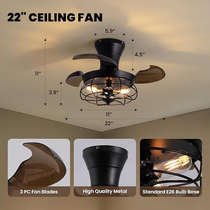 22" Retractable Ceiling Fans with Lights, Black Caged Fandelier Ceiling Fans with Remote, 6 Wind Speeds,Invisible Blades, Industrial Flush Mount Small Ceiling Fan for Bedroom Living Room