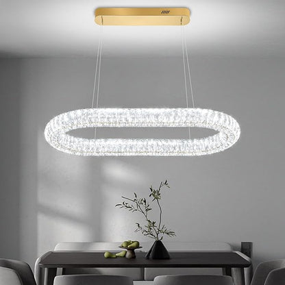 Led Ring Chandelier, Modern Linear Oval Chandelier for Dining Room 31.5in Gold Crystal Ring Pendant Light Dimmable 3000K-6000K