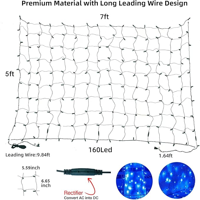 Dirnun Led Christmas Net Lights Blue Outdoor Christmas Lights 160LED 5ftx7ft, Waterproof Outdoor Indoor Fairy Mesh Net Light for Xmas Party, Yard, Patio, Trees, Shrubs, Bushes Decorations