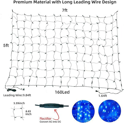 Dirnun Led Christmas Net Lights Blue Outdoor Christmas Lights 160LED 5ftx7ft, Waterproof Outdoor Indoor Fairy Mesh Net Light for Xmas Party, Yard, Patio, Trees, Shrubs, Bushes Decorations