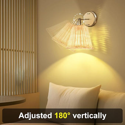 Frideko Rattan Rechargeable Wall Sconces Set of Two with Remote, RGB 15 Colors Dimmable Battery Operated Wall Lights, Indoor Wireless Wall Lamp with 3 Timer, Farmhouse Boho Sconce Light for Bedroom