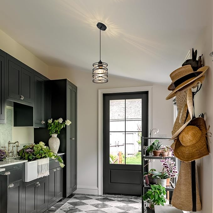 Hammered Glass Pendant Light, Black Metal Spiral Cage Hanging Lamp, Adjustable Height Modern Hanging Light Fixture for Kitchen Island, Dining Room, Living Room, Hallway, Entryway