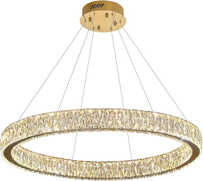 Modern LED Dimmable Crystal Chandelier 39.4" Ring Pendant Light Adjustable Gold Round Crystal Chandelier Light Fixtures for Dining Room Living Room