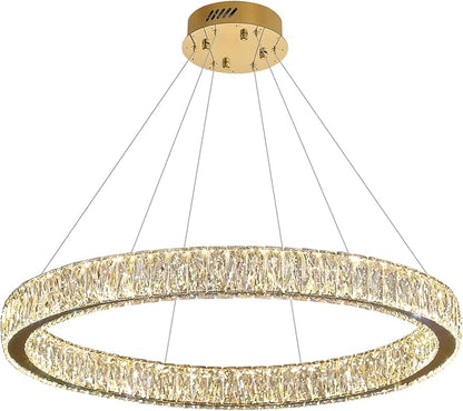 Modern LED Dimmable Crystal Chandelier 39.4" Ring Pendant Light Adjustable Gold Round Crystal Chandelier Light Fixtures for Dining Room Living Room