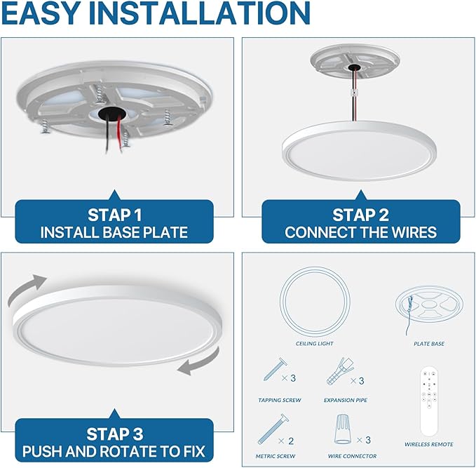 Dimmable LED Flush Mount Ceiling Light Fixture with Remote Control, 24W 2640LM, 12Inch, 2000K Warm Night Light & 3000K-6500K, Modern Super Slim Ceiling Lamp for Bedroom Kitchen, White, 1 Pack