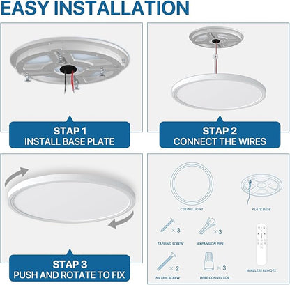 Dimmable LED Flush Mount Ceiling Light Fixture with Remote Control, 24W 2640LM, 12Inch, 2000K Warm Night Light & 3000K-6500K, Modern Super Slim Ceiling Lamp for Bedroom Kitchen, White, 1 Pack