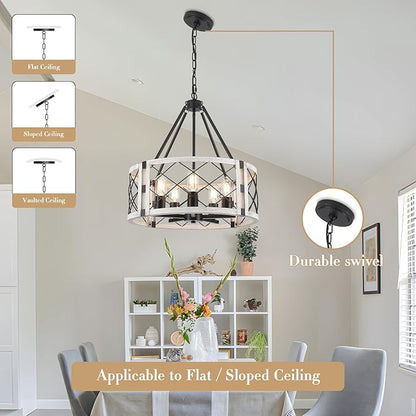 5-Light Farmhouse Chandelier 19.8" White Rustic Chandelier for Dining Room Adjustable Pendant Light Fixture for Kitchen Island Entryway Bedroom Hallway