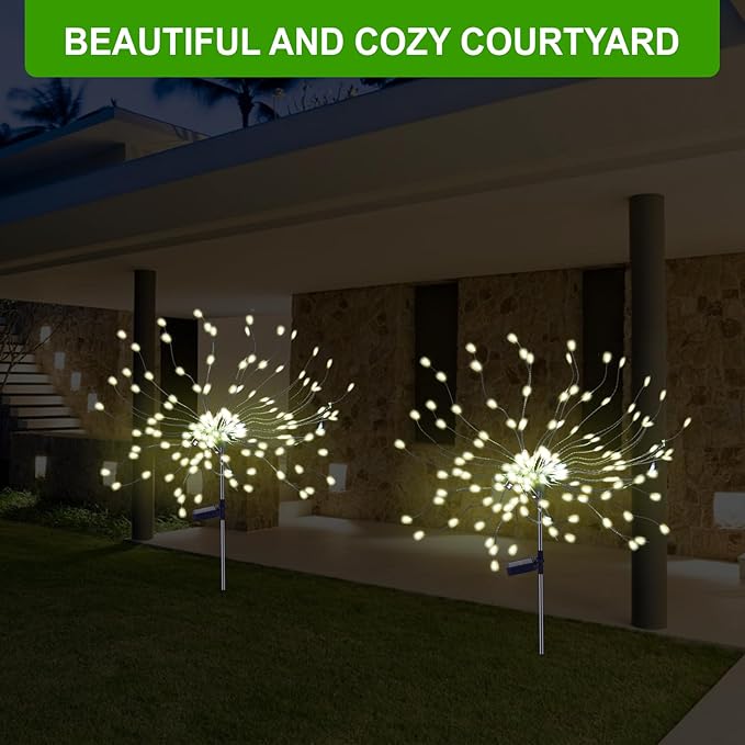 PXBNIUYA 4 Pcs Solar Garden Light Outdoor,175 LED Solar Firework Lights for Yard, 2 Modes IP67 Waterproof Copper Wire DIY Decorative Light, Starburst Lights for Party Patio（Warm White）